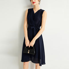 V-Neck Wrap Sleeveless A-Line Silk Midi Dress with Tie Waist