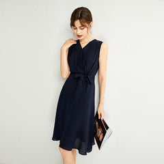 V-Neck Wrap Sleeveless A-Line Silk Midi Dress with Tie Waist