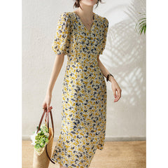 100% Silk Yellow Floral V-Neck Button Front Puff Sleeve Midi Dress