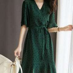 V-neck Polka Dot 100% Silk Wrap Green Dress with Ruffle Hem