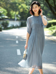 Elegant Pleated Silk Grey Flowy Summer Dress with Button Detail