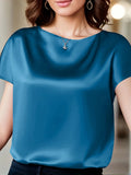 Casual Crew Neck Short Sleeve Silk Top Women's Clothing