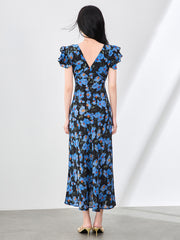 100% Silk V-Neck Ruffle Sleeve A-Line Black Floral Maxi Dress