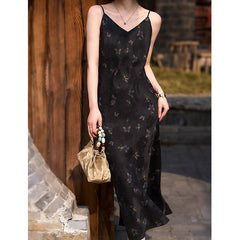 V-Neck Spaghetti Strap Black Butterfly Print Slip Dress