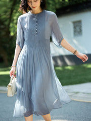 Elegant Pleated Silk Grey Flowy Summer Dress with Button Detail