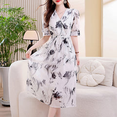 V-Neck Belted Summer White Ink Floral Silk Midi Dress for Women