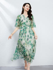 Green Floral Wrap Midi Dress V-Neck Half Sleeve Flowing Silk Dress