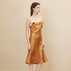 100% Silk Ruffle Trim Slip Elegant Spaghetti Strap Midi Dress