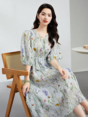 Paisley Print Puffärmel Seiden Midi Kleid mit elastischer Taille