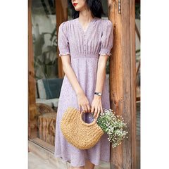 Vestido maxi floral de seda pura de cuello en V con corbata de cintura