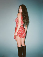 V-Neck Sexy 100% Silk Red Floral Sleeveless Mini Dress