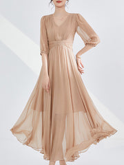 V-Neck 100% Silk Champagne Pleated Puff Sleeves Midi Dress