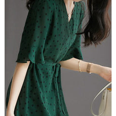 V-neck Polka Dot 100% Silk Wrap Green Dress with Ruffle Hem