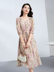 100% Silk Floral V Neck Button-Front Puff Sleeves Dress with Tie Waist