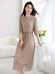 100% Silk Jacquard Midi Dress with Button Front & Tie Waist