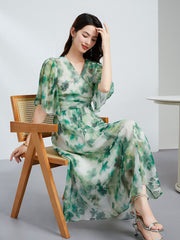 Green Floral Wrap Midi Dress V-Neck Half Sleeve Flowing Silk Dress