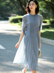 Elegant Pleated Silk Grey Flowy Summer Dress with Button Detail
