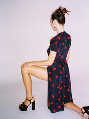 100% Silk Cherry Printed Wrap Retro Style Short Sleeve Maxi Dress