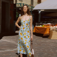 Summer 100% Silk Orange Print Slip Midi Dress with Tie Shoulder Straps
