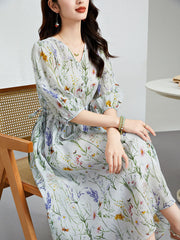 Paisley Print Puffärmel Seiden Midi Kleid mit elastischer Taille