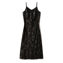 V-Neck Spaghetti Strap Black Butterfly Print Slip Dress