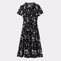 Elegant Floral Short Sleeves Silk Midi Dress with Tie Waist