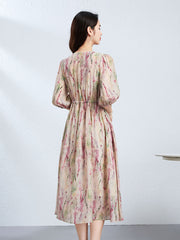 100% Silk Floral V Neck Button-Front Puff Sleeves Dress with Tie Waist