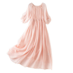 Luxury 100% Silk Pleated Maxi Dress with Sheer Puff Sleeves