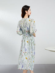Paisley Print Puffärmel Seiden Midi Kleid mit elastischer Taille