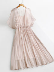 100% Silk Round Neck Soft Crystal-Trim Waist Cinching Maxi Dress