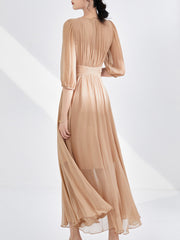 V-Neck 100% Silk Champagne Pleated Puff Sleeves Midi Dress