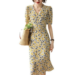 100% Silk Yellow Floral V-Neck Button Front Puff Sleeve Midi Dress