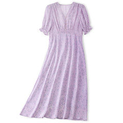 Vestido maxi floral de seda pura de cuello en V con corbata de cintura