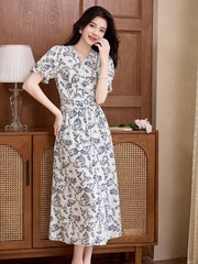 V-Neck 100% Silk Floral Printed Puff Sleeves Wrap Midi Dress