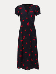 100% Silk Cherry Printed Wrap Retro Style Short Sleeve Maxi Dress
