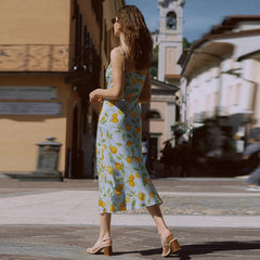 Summer 100% Silk Orange Print Slip Midi Dress with Tie Shoulder Straps