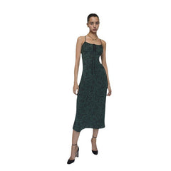 100% Silk Green Paisley Print Floral Pattern Slip Midi Dress with Tie Front