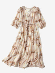 100% Silk Floral V Neck Button-Front Puff Sleeves Dress with Tie Waist