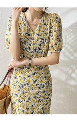 100% Silk Yellow Floral V-Neck Button Front Puff Sleeve Midi Dress