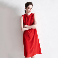 Red A-Line Sleeveless Silk Dress with Ruffle Neck and Back Bow
