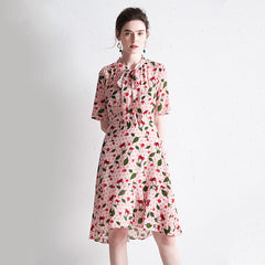 Cherry Print Silk Midi Dress with Neck Tie and Flared Hem