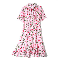 Cherry Print Silk Midi Dress with Neck Tie and Flared Hem
