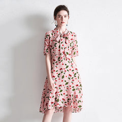 Cherry Print Silk Midi Dress with Neck Tie and Flared Hem