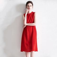Red A-Line Sleeveless Silk Dress with Ruffle Neck and Back Bow