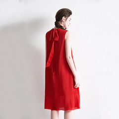 Red A-Line Sleeveless Silk Dress with Ruffle Neck and Back Bow