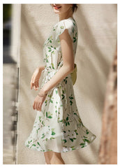 Green V-Neck 100% Silk Floral Wrap Midi Dress with Flutter Sleeves