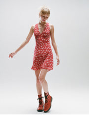 V-Neck Sexy 100% Silk Red Floral Sleeveless Mini Dress