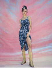 Blue 100% Silk Floral Slip Maxi Dress Spaghetti Strap Dress