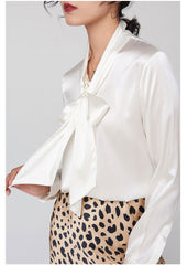 Women's 100% Silk Blouse with Elegant Bow Tie Neck Silk Top