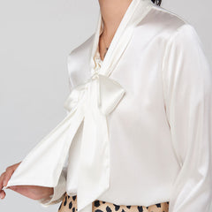 Women's 100% Silk Blouse with Elegant Bow Tie Neck Silk Top